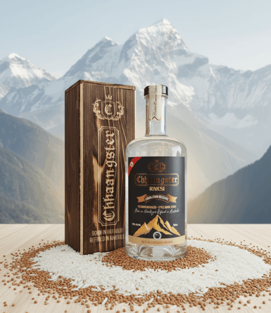 Chhaangster Raksi bottle and wooden box set against a Himalayan mountain backdrop